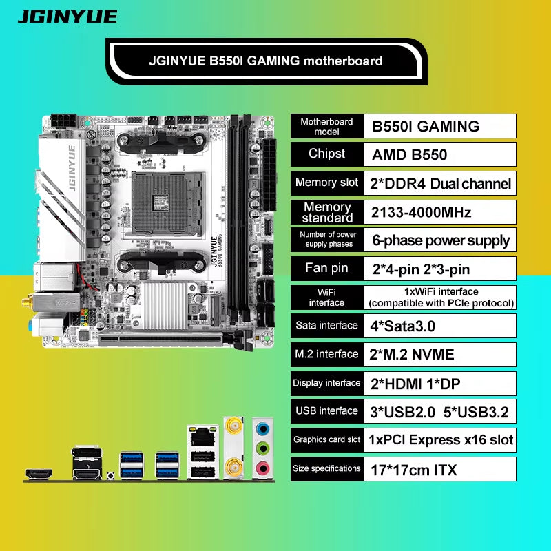 JGINYUE AMD B550 AM4 Mini ITX Motherboard Supports Ryzen R5 4000/5000 Series Processors DDR4 RAM PCI-E 4.0 B550I GAMING