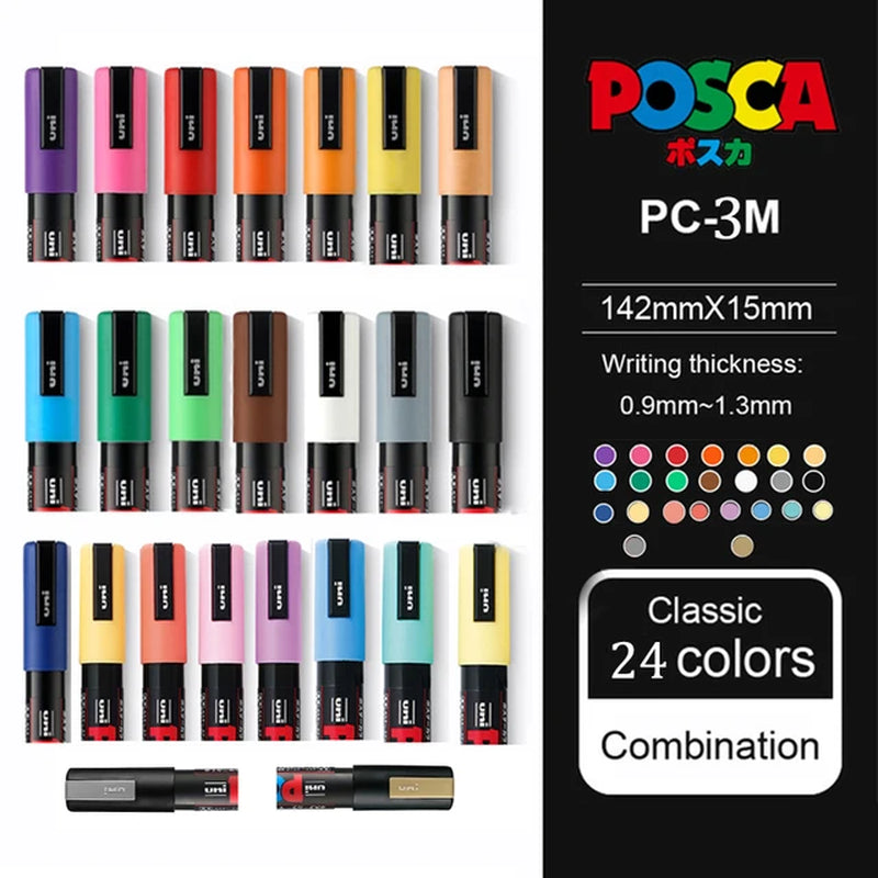Posca Full Set Acrylic Paint Markers Pens PC-1M PC-3M PC-5M 7/8/12/15/24/29C for Rock Painting,Frabric,Glass/Metal,Graffiti