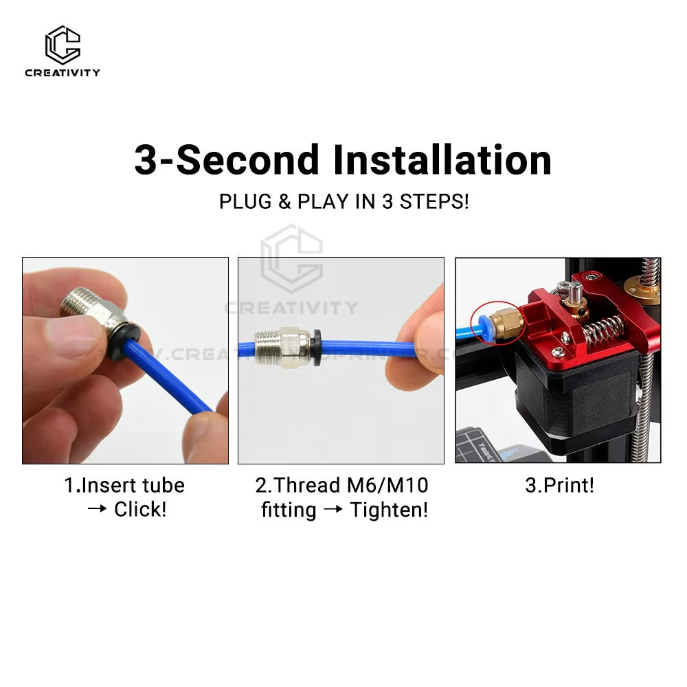 3D Pneumatic Straight Connector for PTFE Tubing - Compatible with PC4-M6, PC4-M5, PC4-01, and PC6-01, M6 Feed Fitting Coupler, Bore 4mm