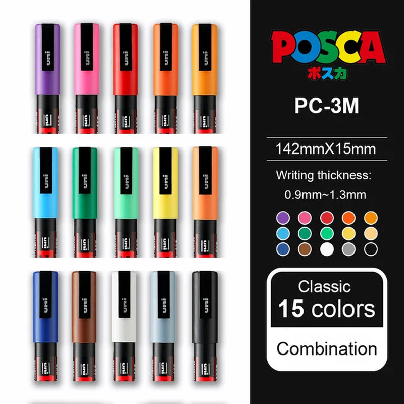 Posca Full Set Acrylic Paint Markers Pens PC-1M PC-3M PC-5M 7/8/12/15/24/29C for Rock Painting,Frabric,Glass/Metal,Graffiti
