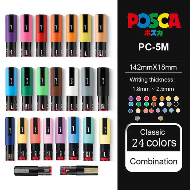 Posca Full Set Acrylic Paint Markers Pens PC-1M PC-3M PC-5M 7/8/12/15/24/29C for Rock Painting,Frabric,Glass/Metal,Graffiti