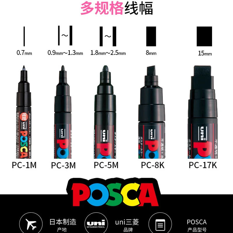 Posca Full Set Acrylic Paint Markers Pens PC-1M PC-3M PC-5M 7/8/12/15/24/29C for Rock Painting,Frabric,Glass/Metal,Graffiti