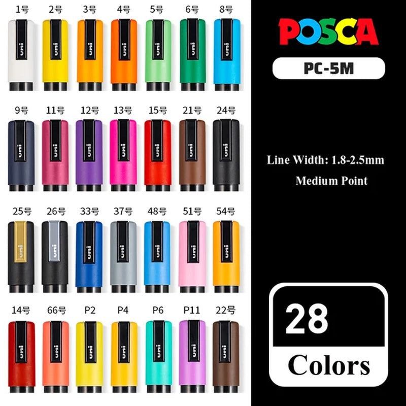 Posca Full Set Acrylic Paint Markers Pens PC-1M PC-3M PC-5M 7/8/12/15/24/29C for Rock Painting,Frabric,Glass/Metal,Graffiti