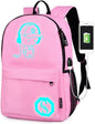 School Backpack for Teen Boy Girl, Anime Luminous Backpack Waterproof Student Bookbag with USB Charging Port&Lock &Pencil Case, 15.6'' Laptop Bag Anti-Theft Lightweight Travel Daypack, Pink