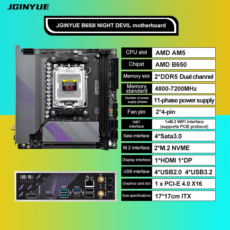 JGINYUE AM5 Motherboard Supports AMD Ryzen 7000 Series CPU Processors DDR5 Dual Channel Memory RAM ITX B650I Night Devil