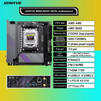 JGINYUE AM5 Motherboard Supports AMD Ryzen 7000 Series CPU Processors DDR5 Dual Channel Memory RAM ITX B650I Night Devil