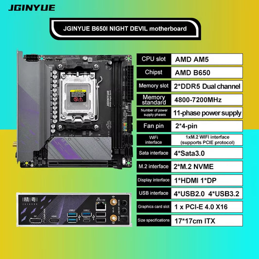 JGINYUE AM5 Motherboard Supports AMD Ryzen 7000 Series CPU Processors DDR5 Dual Channel Memory RAM ITX B650I Night Devil
